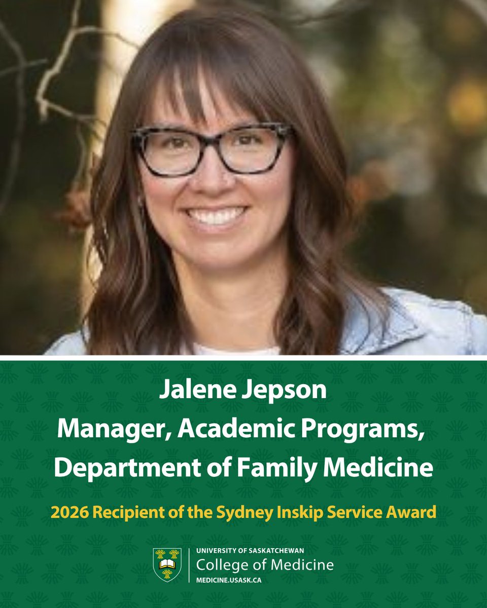 USaskMed's tweet photo. 🏆 2026 #USaskMed Award Recognition!

Congratulations to Jalene Jepson, recipient of the 2026 Sydney Inskip Service Award. She is recognized her for her exceptional service,  kindness and leadership—exemplifying the values of this award. 

Learn more: https://t.co/egoX3h51T9 https://t.co/LzxX1ALfvm