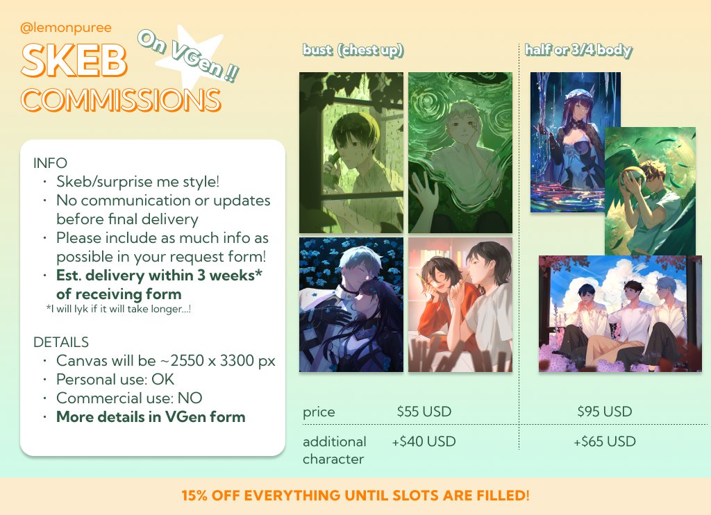 lemonpuree's tweet photo. hi !! i am now on VGen open for cms! there are limited slots. there is a 15% off sale that will only apply for the first batch (or until june 25).

thank you !!! https://t.co/zmBHl3z7GN