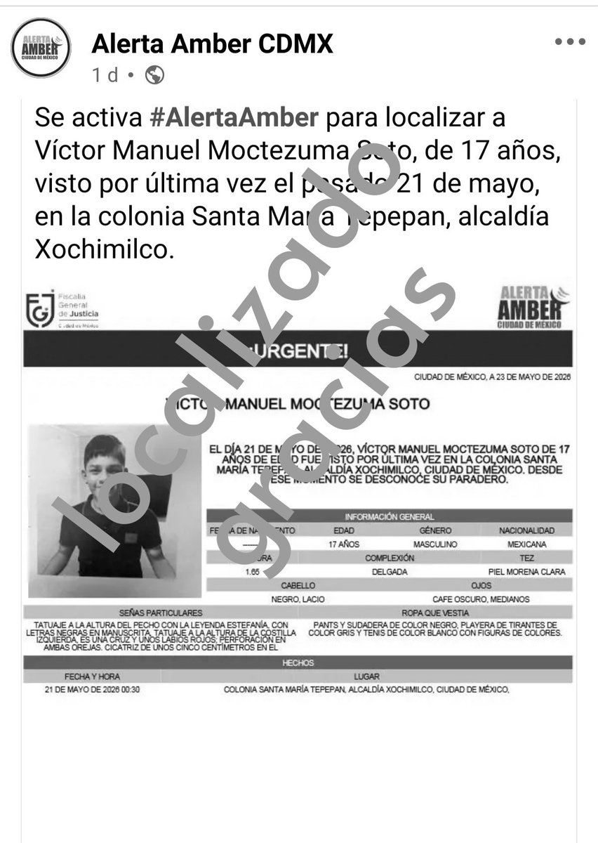 amerikgonzalez's tweet photo. Gracias gracias gracias 
Localizado
@ComuXoch  @TlalpanVecinos  @CoapaXochimilco  @PradoCoapa2da  @iztacalconews 
Gracias 🙏 https://t.co/UYlRGw1Ozv