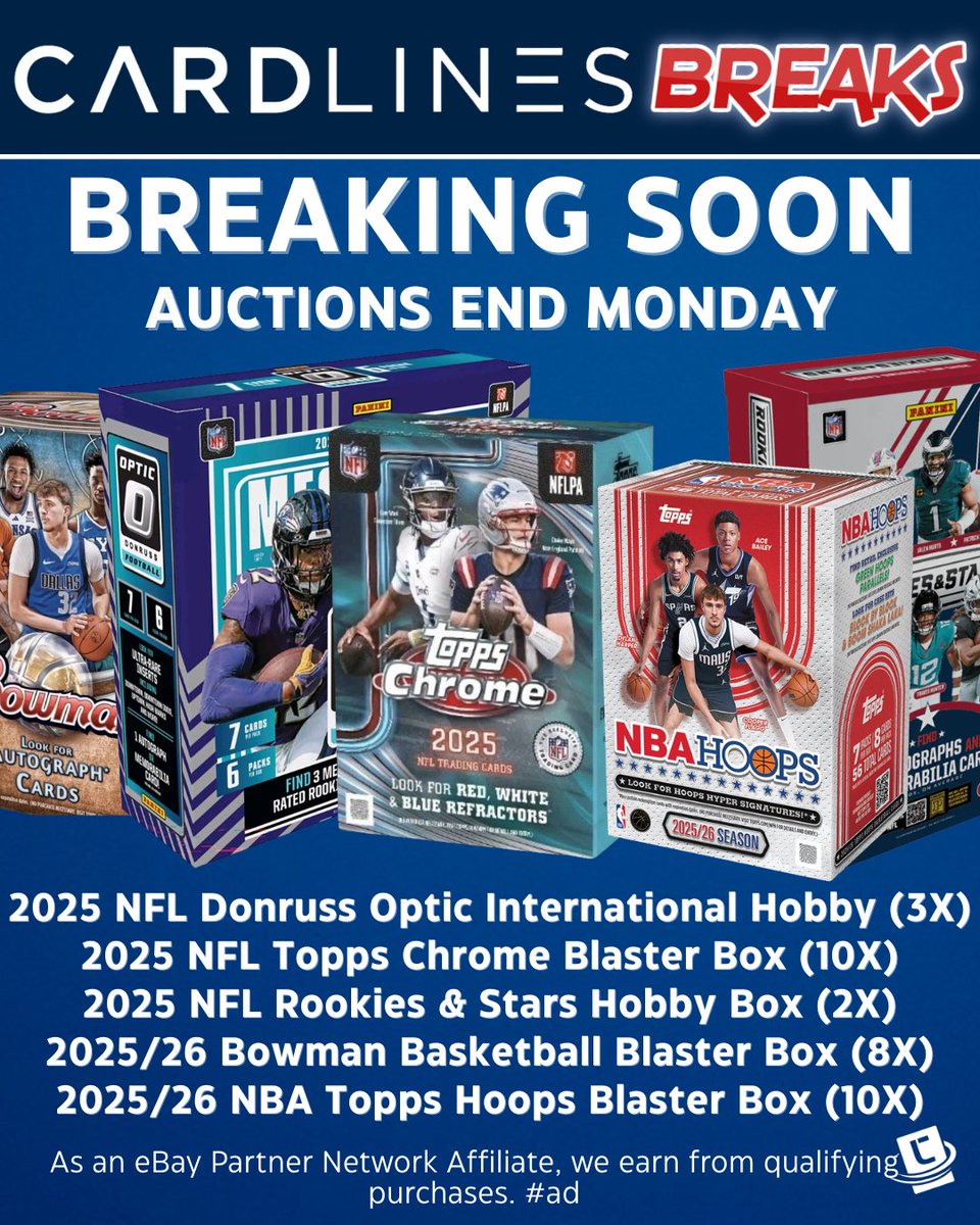 card_lines's tweet photo. CardLines break auctions end for breaks #1135-1139 on Monday, starting at 7PM CT. We will break these cards starting at 7 PM on Tuesday. 

Bid on CardLines Breaks on eBay: https://t.co/S3sRmc8E4Y

As an eBay Partner Network Affiliate, we earn from qualifying purchases. #ad https://t.co/IrJGFUWmTw