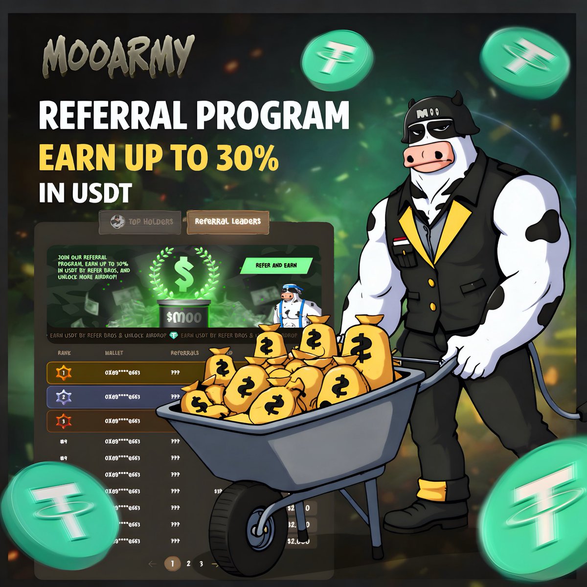 MooArmy_L2's tweet photo. 🤑 𝐄𝐚𝐫𝐧 𝐔𝐒𝐃𝐓 𝐞𝐚𝐬𝐢𝐥𝐲 𝐰𝐢𝐭𝐡 𝐭𝐡𝐞 𝐌𝐨𝐨𝐀𝐫𝐦𝐲 𝐑𝐞𝐟𝐞𝐫𝐫𝐚𝐥 𝐏𝐫𝐨𝐠𝐫𝐚𝐦

💰 Earn 30% in USDT from your referrals’ purchases

🔹 Visit → https://t.co/8Grtcj4z30
🔹 Connect your wallet
🔹 Share your referral link & earn USDT

💸 𝐇𝐨𝐰 𝐢𝐭 𝐰𝐨𝐫𝐤𝐬:
Every time someone buys $MOO tokens through your referral link, you instantly earn 30% commission per transaction. 
⚡️ 𝐅𝐮𝐥𝐥𝐲 𝐝𝐞𝐜𝐞𝐧𝐭𝐫𝐚𝐥𝐢𝐳𝐞𝐝 — rewards are automatically sent straight to your wallet via smart contract in USDT, USDC, ETH, BNB, and other cryptocurrencies. 

🏆 Top 30 Leaders Win Big and Unlock Extra Airdrop! ✅

⏰ Don’t miss out on this chance while the token price is still low! 📈

#MooArmy #EarnCrypto #USDT #USDC #BNB #ETH #refferal