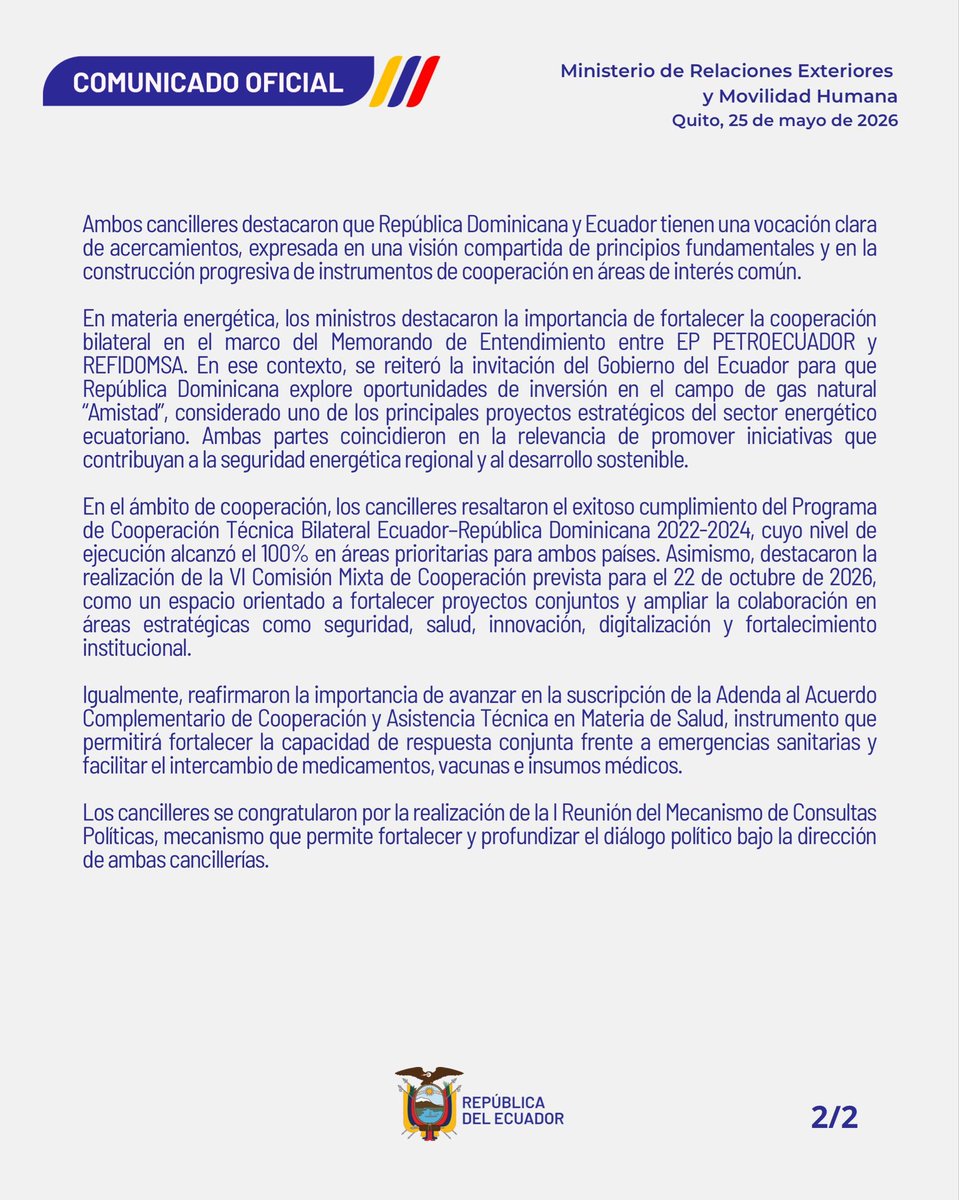 CancilleriaEc's tweet photo. Comunicado oficial |

Cancilleres de Ecuador y República Dominicana acuerdan impulsar proyectos bilaterales en beneficio de ambos países https://t.co/wbD0Wp4Pzo