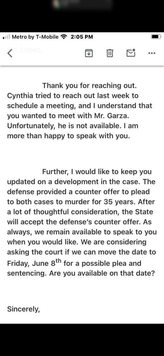 ByingtonK's tweet photo. THIS is what victims’ families get from DA Garza:
Mr. Garza is NOT AVAILABLE.

In the open Anita Byington murder case, he has yet to even speak with me. While grieving families reach out for basic meetings and respect, he’s nowhere to be found. Instead we get emails about accepting a 35-year plea on double murder charges…and “are you available for court on June 8th?”

Victims deserve better than this cold shoulder while criminals get sweetheart deals.

Governor @GregAbbott_TX — I know you’re fighting to fix this, but this is dire. Texas families deserve DAs who actually show up for victims. No more “not available.” Please hold them accountable.
@aaron_reitz @KenPaxtonTX @TXAG @JosePGarza @GovHotWheels_TX @realmitchlittle @ChipRoyTX @texasreplozano @RepJMLozano @DATravisCounty @TravisCo_RISE