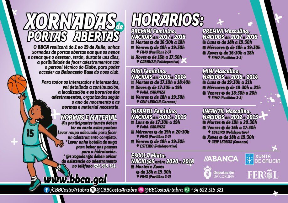 CBBCostaArtabra's tweet photo. 🏀 ¡VEN A PROBAR CON NOSOTROS! 🏀
Del 1 al 19 de junio celebramos nuestras Jornadas de Puertas Abiertas en el BBCA Costa Ártabra 🖤
Si tu peque quiere empezar en el baloncesto, hacer amigos, divertirse y aprender en un gran ambiente… ¡esta es su oportunidad!

📍 Ferrol https://t.co/kAPpjZJdSs