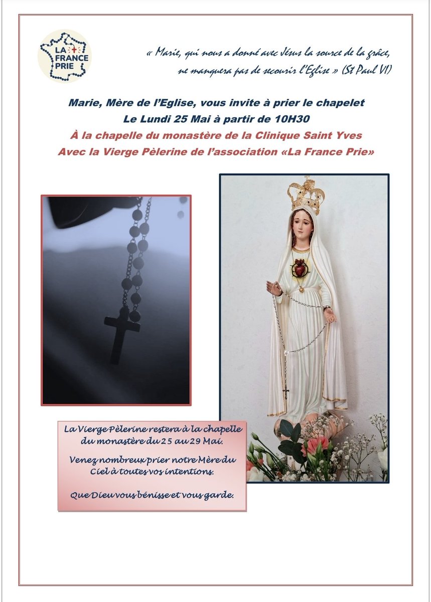 FrancePrie's tweet photo. Un merveilleux accueil a été réservé par les Sœurs Augustines à l'une des Vierge Pèlerine qui se trouve actuellement à Rennes. Elle restera à la chapelle du monastère de la clinique Saint Yves jusqu'au 29 mai... https://t.co/k67o92wrmC