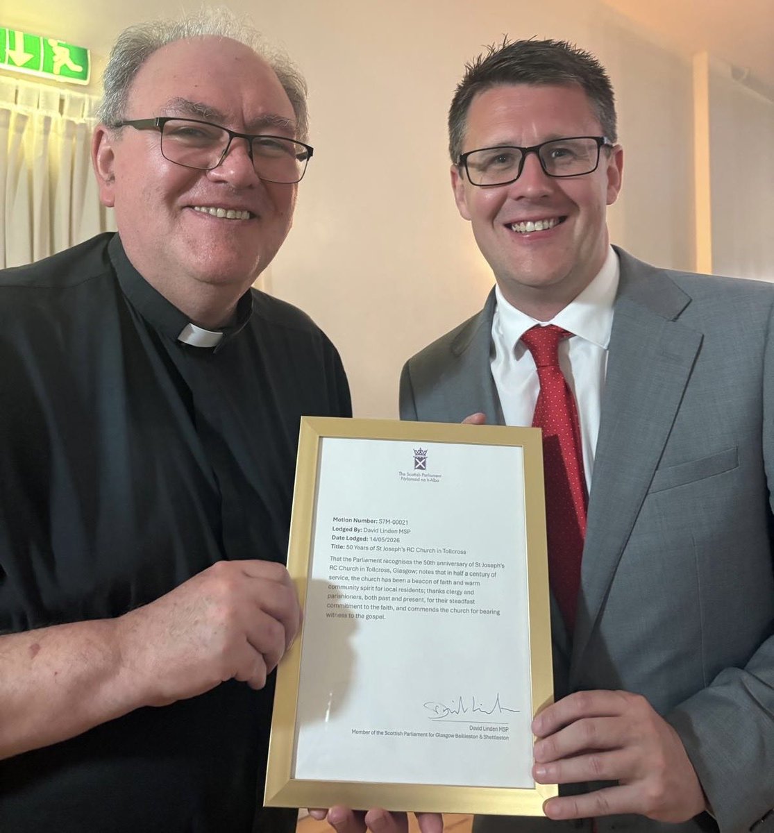 DavidLinden's tweet photo. Glad to hand over this @ScotParl motion of commendation to Father Stephen Hannah, recognising the contribution the parish makes to the wider community. https://t.co/wszGWVHQwL