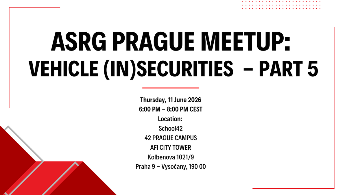 AutoSecResGroup's tweet photo. #ASRGMeetup
🚗🔐 ASRG Prague: Vehicle (In)Securities – Part 5 is happening on 11 June 2026 at 42 Prague Campus!We’ll cover:

- AI co-pilot risks in Software-Defined Vehicles
- Automotive network evasion techniques
- DevSecOps for safer vehicle software

https://t.co/m3pAqaduVH https://t.co/Gcvk8gRmHu