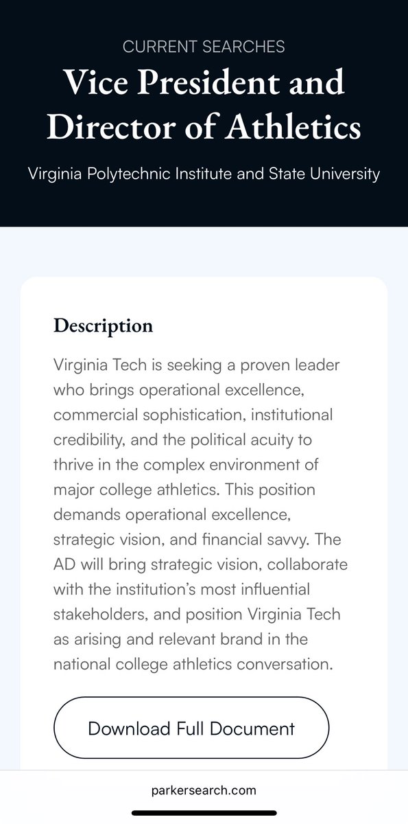 ByDavidTeel's tweet photo. Parker Executive Search has posted the #Hokies AD opening. https://t.co/LasxI1Qzq2