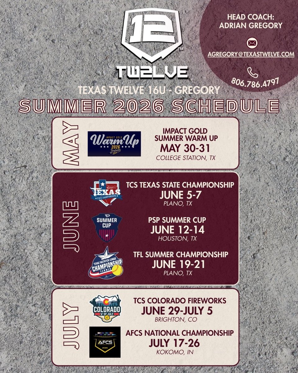 BMarks2028's tweet photo. It's that time again!! ☀️🥎 Our summer schedule is set. I can't wait to hit the field with Texas Twelve 16U - Gregory.  @SoftballTwelve 

@TwelveRecruitSB @AdrianKayle3 @DiamondAddicts
@TxHS_Softball @ScoutSoftball @ExtraInningSB
@LineDsoftball @SoftbalAmerica @MaxPreps @SoftballDown