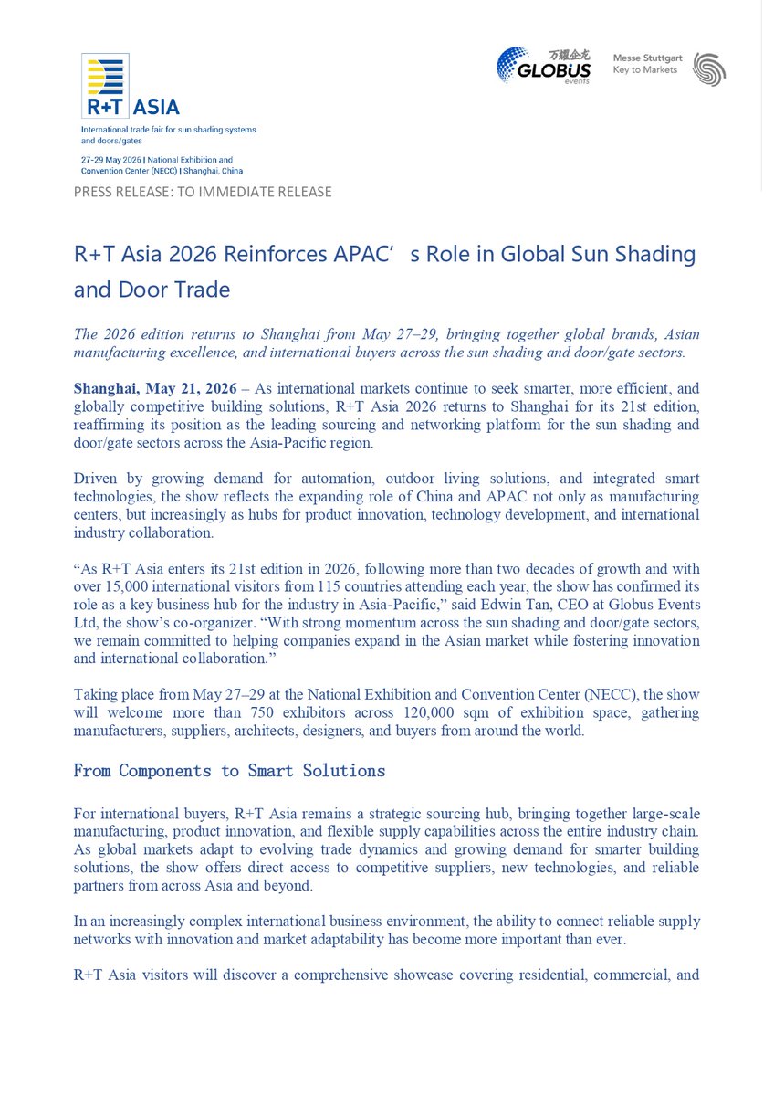 Archibuildmag's tweet photo. R+T Asia 2026 Reinforces APAC’s Role in Global Sun Shading and Door Trade
Read the full press release below here. (Photo Source: R+T Asia) https://t.co/DhdM4QFXxr