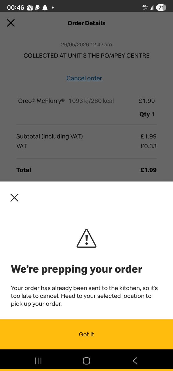 wired2thebrink's tweet photo. @McDonaldsUK  why are your stores taking orders when closed ? Also 24hr stores dont say they are closed on bank holidays or at least your app doesnt say anything?. Cant cancel order but store closed ? https://t.co/gHKqeaKcEn
