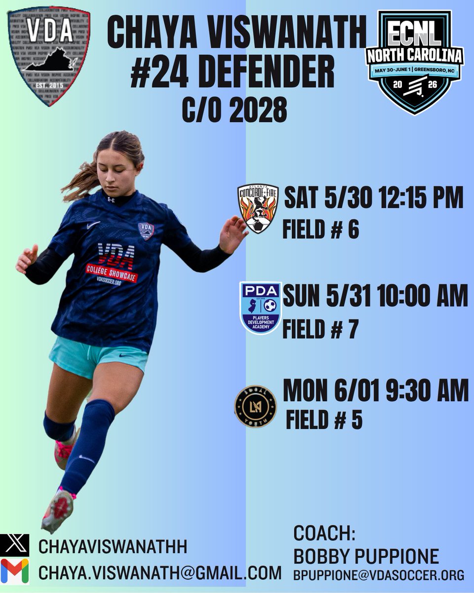 chayaviswanathh's tweet photo. Pumped for top competition at ECNL NC!! Hope to see you there! @vdasoccer @VDA2010GIRLS @bobbypup @ImYouthSoccer @ImCollegeSoccer @PrepSoccer @TopDrawerSoccer @TheSoccerWire @RoyaltySPTM https://t.co/islHIg8YrH
