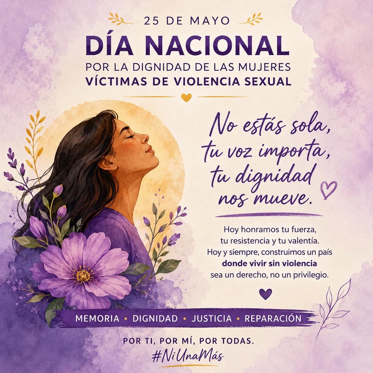 MagdaWills's tweet photo. Conmemorar este día es reafirmar el compromiso con la verdad, la reparación y la garantía de una vida libre de violencias para todas las mujeres. 💜

#25DeMayo #DignidadParaLasMujeres #NiUnaMás #JusticiaYReparación #NoALaViolencia
#AccesoALaAdministracionDeJusticia https://t.co/B0NDIOhvYu