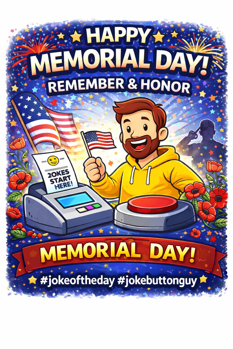 JokeButtonGuy's tweet photo. Happy Memorial Day! #dadjoke #jokeoftheday #jokebuttonguy https://t.co/Qaee7k9fpy