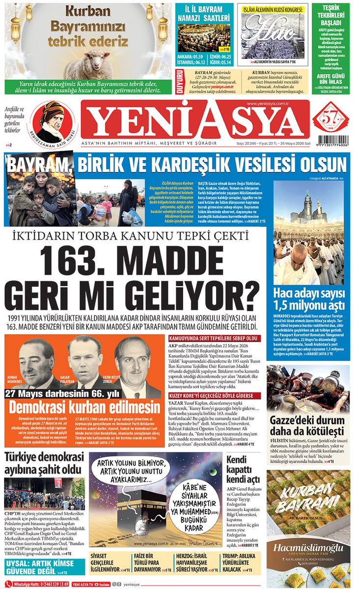 yeniasya's tweet photo. 26 Mayıs 2026 Yeni Asya 1. Sayfa https://t.co/m5MuGOog0n
https://t.co/tqk300U9Hl https://t.co/lBpDG1Wrc7