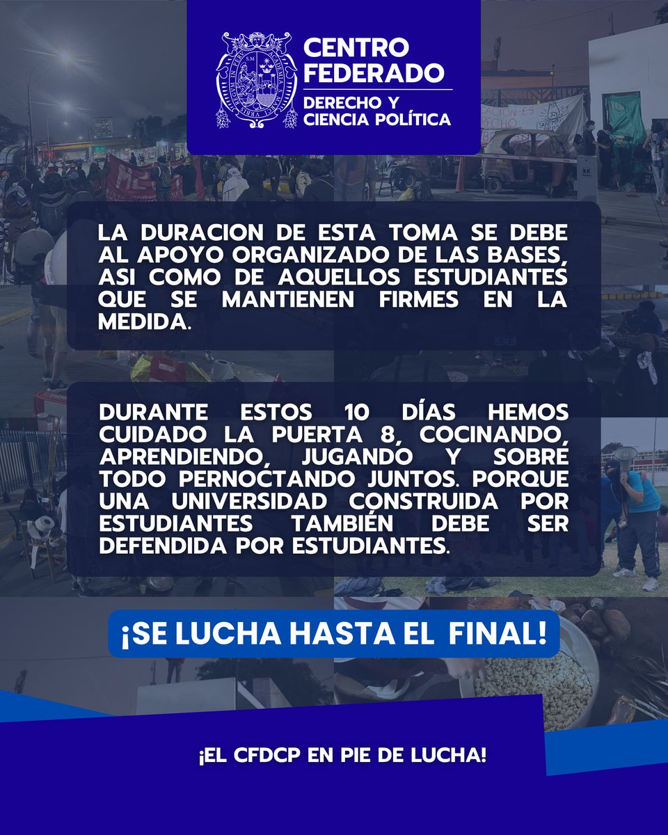 CFdcpUnmsm's tweet photo. 10 días de toma representan 10 días de organización, resistencia y compromiso estudiantil. ✊🏽

Desde la Puerta 8, cientos de estudiantes vienen sosteniendo esta medida en defensa de una universidad democrática y autónoma. 

¡San Marcos sigue en pie de lucha!

#cf #CentroFederado https://t.co/i8cLr61RKE
