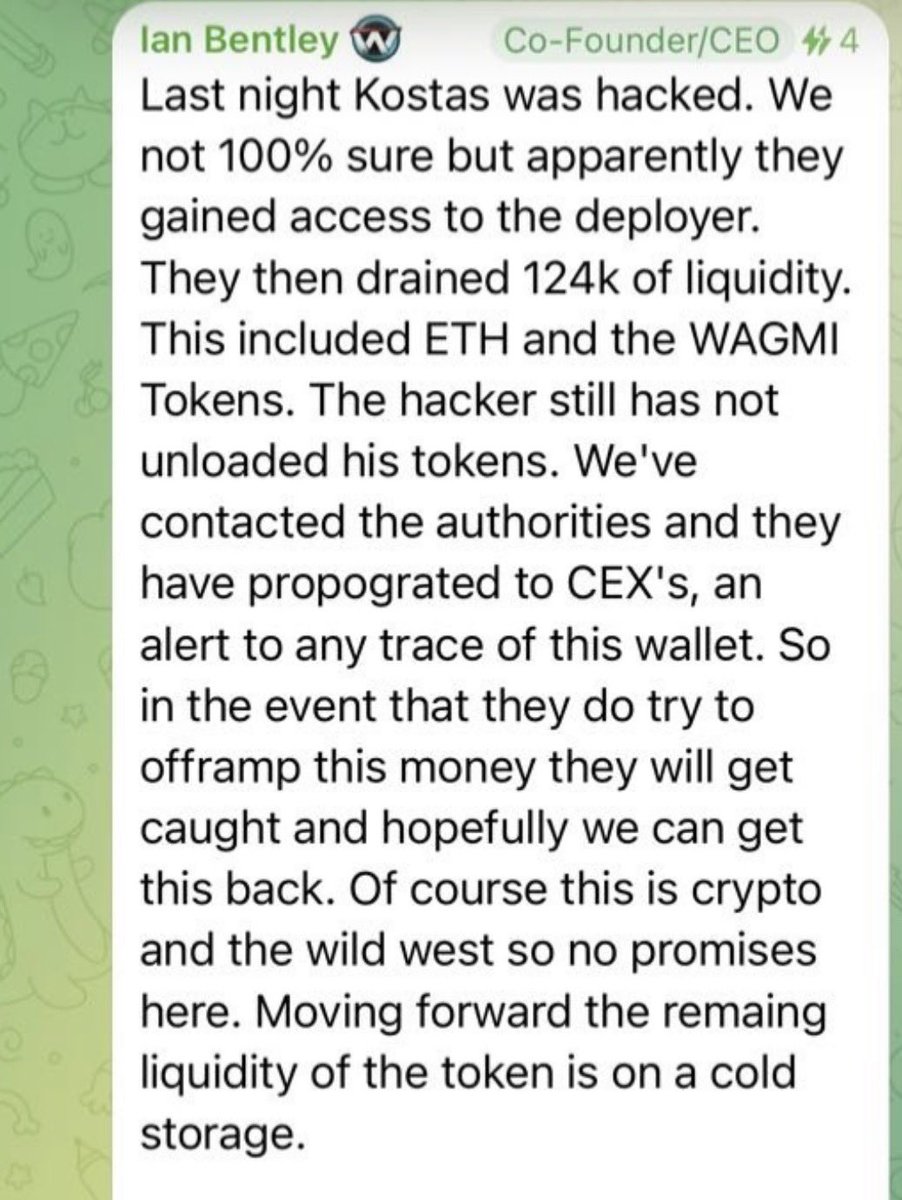 jmaletta1's tweet photo. @KissItAndWink @Ny_crypto_ @WagmiGameCo @Scott_Herman So now the deployed wallet was hacked! Using Kostas as the scapegoat now.  This is sad.  I have seen this playbook before and when a token wants to liquidate they say they were hacked lol https://t.co/GZ7QBnSuNf