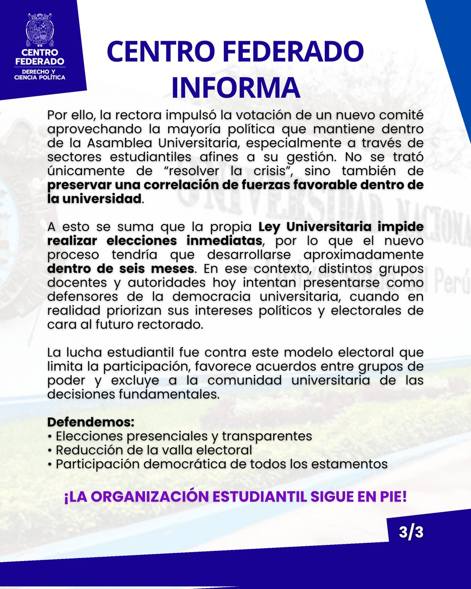 CFdcpUnmsm's tweet photo. 📢 Asamblea Universitaria del 22/05

La reciente aprobación de un nuevo CEU abre una nueva etapa dentro de la crisis de legitimidad que atraviesa nuestra universidad. Por eso es importante mantenernos vigilantes frente al proceso que se pretende impulsar.

#cf #centrofederado #SM https://t.co/GFlHv3uun3