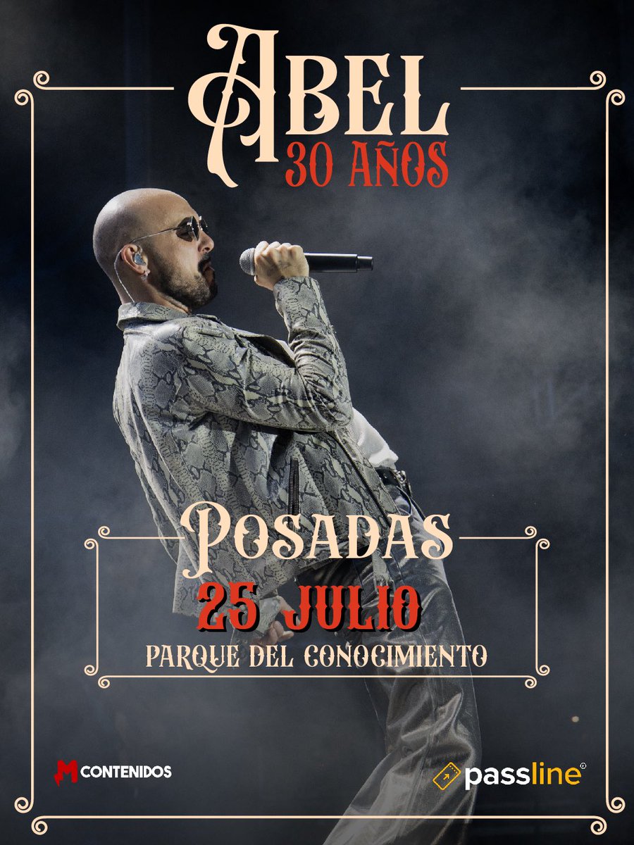 AbelPintos's tweet photo. Llegamos a Posadas el 25 de Julio a festejar los 30 años! Entradas disponibles este jueves 28/5 12 del mediodía en @Passline_Ar 

Nos vemos en la música ♥️ https://t.co/SBurafKOnb