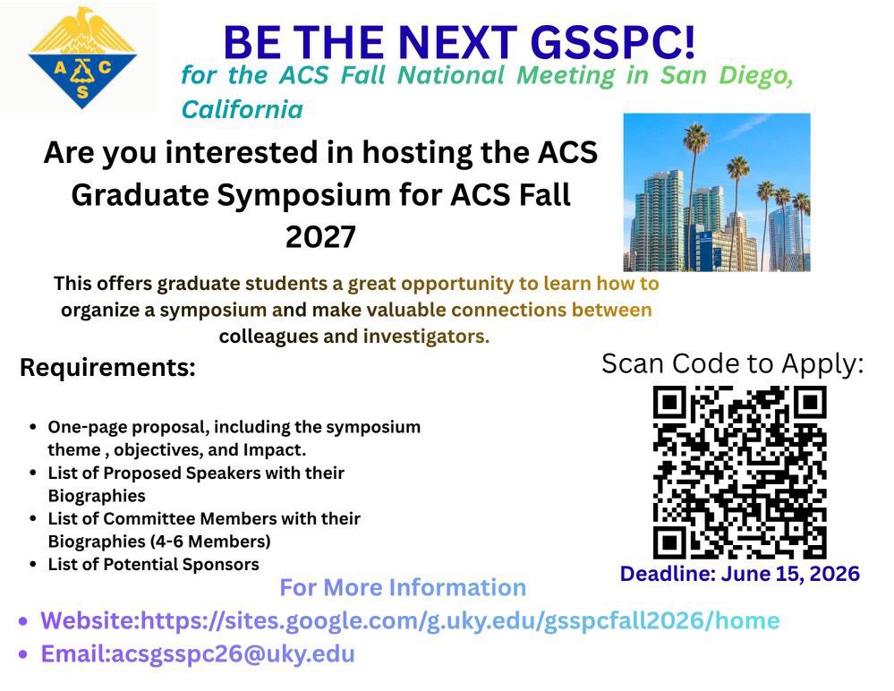 acsgsspc26's tweet photo. Did you and your team miss the previous deadline? This is your chance to submit! 

The application deadline for the next ACS Graduate Student Symposium Planning Committee (GSSPC) for ACS Fall 2027 has been extended to: June 15, 2026

Apply now! https://t.co/HBnO9sR6Oh