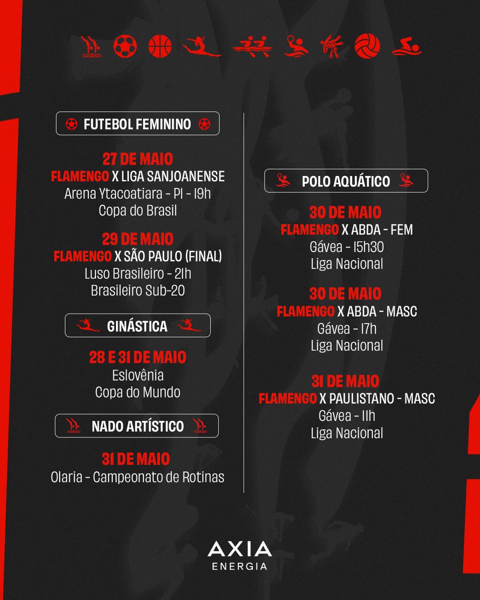 TimeFlamengo's tweet photo. AGENDA DA SEMANA NO AR, NAÇÃO! 🚨
Fiquem ligados que essa semana tem competição fora do país e final do Sub-20!!💪
VAMOS MENGOOOO ❤️🖤
Apoio: @axiaenergiaof
#AXIAFla #calendario https://t.co/5fSdSppK5o