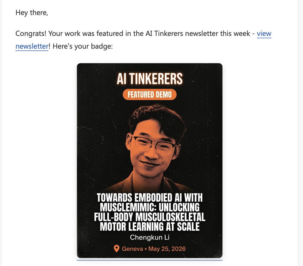 ckli85's tweet photo. MuscleMimic was just featured in the @AITinkerers newsletter! Check out the write-up and other top AI demos here: https://t.co/BbiU9R2v8J

link to project: https://t.co/SiiWeOt9Tg

kudos to all collaborators @EPFL @amathislab @mcgillu @nvidia https://t.co/ozeTHWFyEM