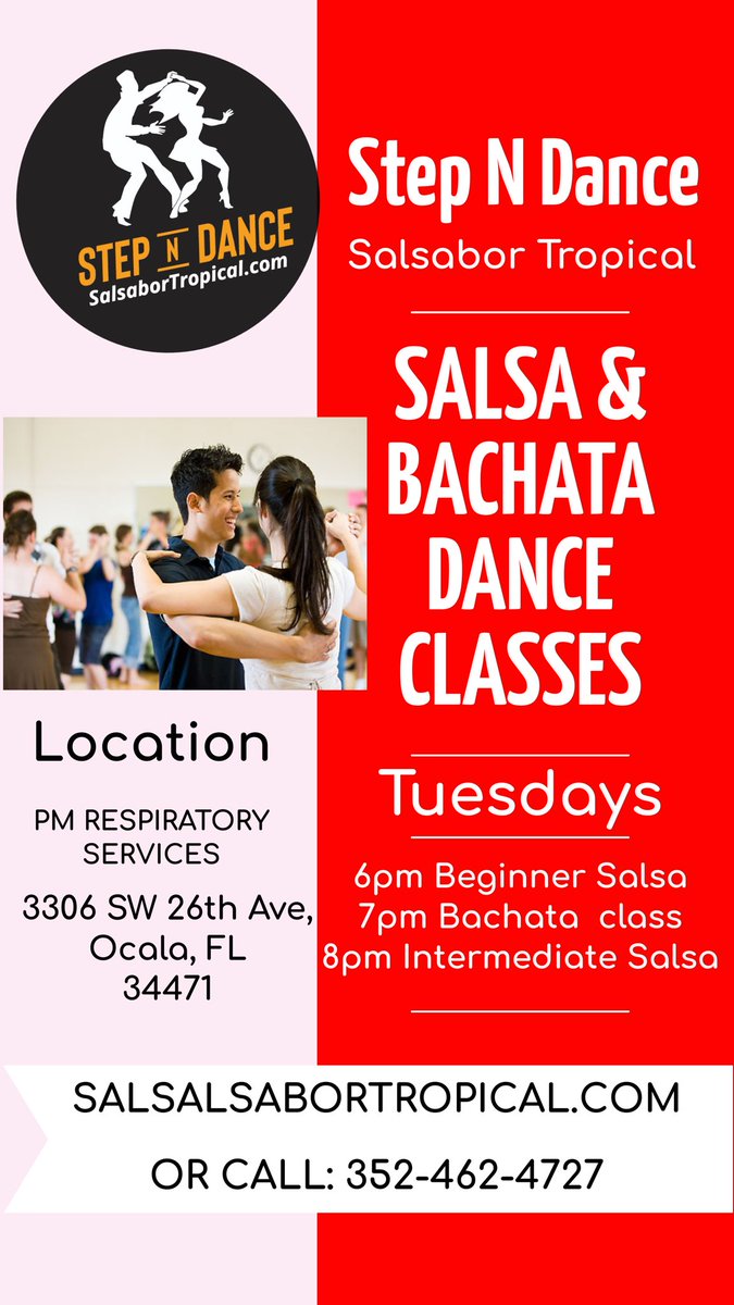 stepndance's tweet photo. Salsa and Bachata Dance Classes (Tuesdays / Martes)
at PM Respiratory Services.
Address: 3306 SW 26th Ave Ste 402, Ocala, FL 34471

Class Times:
6pm to 6:55pm Beginner Salsa Class
7pm to 7:55pm Bachata Class
8pm to 8:55pm Intermediate Salsa

https://t.co/J7rlSnSiBb https://t.co/kboyBInEvI