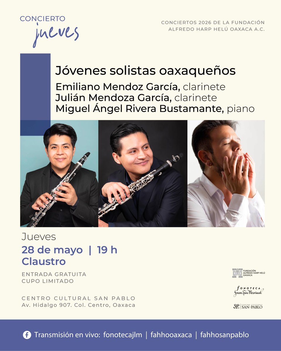 FonotecaJLM's tweet photo. Esta semana: 
Concierto de clarinete y piano "Jóvenes solistas" este jueves 28 de mayo a las 19 h en el claustro del @fahho_sanpablo 
@FundacionAHHO 

ENTRADA LIBRE 
CUPO LIMITADO https://t.co/gZA4Wcr6Sh