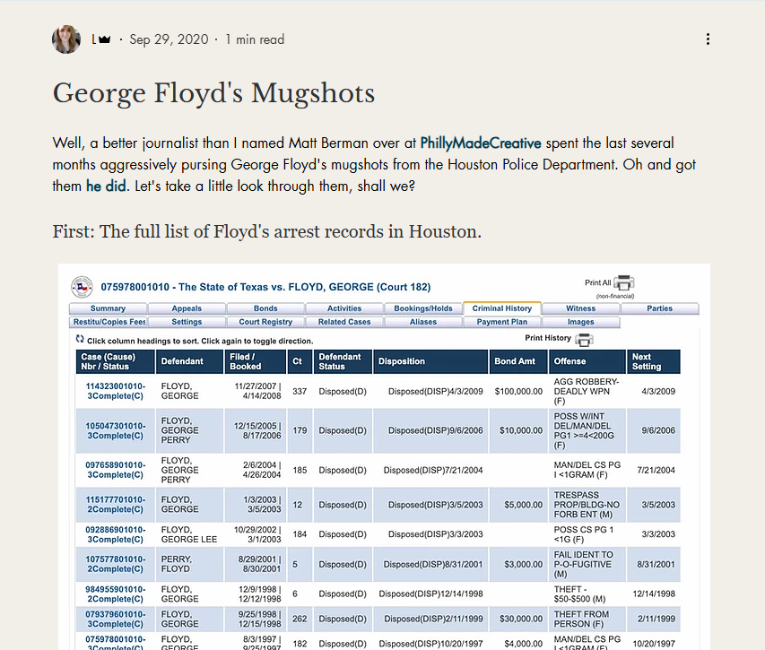 BarbaricBarbery's tweet photo. @AmiriKing This is well worth the read to get a background on Floyd's criminal history put together years ago by @SomeBitchIIKnow 

Archive link below https://t.co/G3idF2bYuC