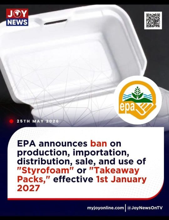 HonDeen1's tweet photo. EPA wishes to inform the general public, manufacturers,and all relevant stakeholders that the ban on production, importation, distribution, sale, and use of polystyrene foam products, popularly known as "Styrofoam" or "Takeaway Packs," in Ghana shall become effective 01 01 2027. https://t.co/1kCZy6oduk