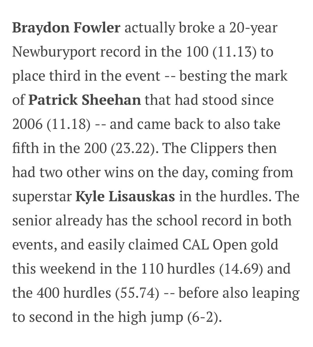 braydon_fowler's tweet photo. This Saturday our track team won the Cal Division Meet! I ran a school record with a 11.13 in the 100 meter which got me 3rd place and I ran a 23.22 200 meter which got me 5th and 4th all time in Newburyport history! I’m hyped to be able to go to states Thursday and Saturday! https://t.co/JcS9ldDjcm