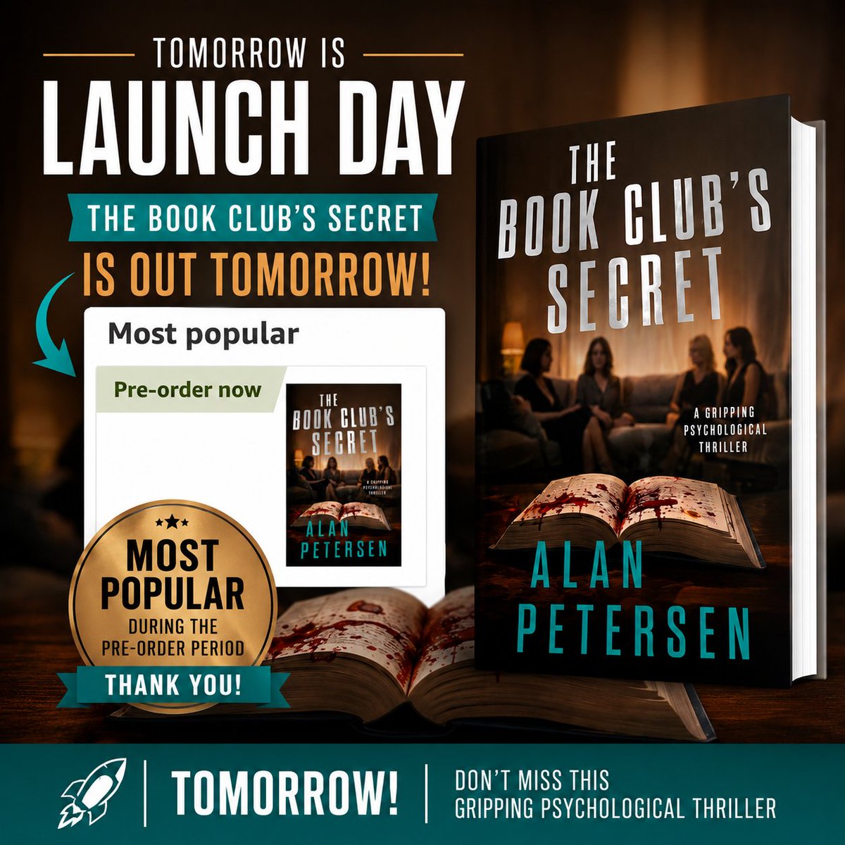 alanpetersen's tweet photo. THE BOOK CLUB'S SECRET pre-orders have been amazing—thank you! Tomorrow is launch day! 🎉

Four friends. One secret. And a book that knows everything. 

📚 https://t.co/obkuJ9UPV9 https://t.co/QICVmKvgZQ