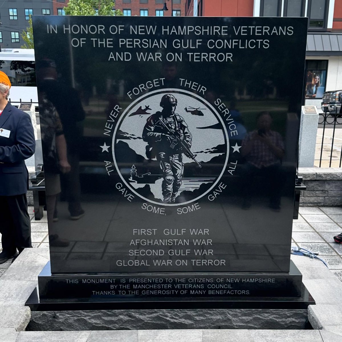 Swim4aMission's tweet photo. Today, the new Gulf Wars &amp; War on Terror Memorial was officially unveiled at Veterans Park in Manchester, NH. 

SWAM was proud to support this project with a grant, and we’re honored to have our “Never Forget” plaque included within the memorial.

May We #NeverForget 🇺🇸 https://t.co/ukUzcyhlf1
