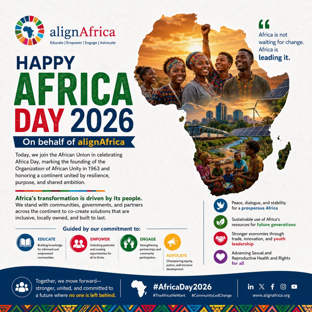 alignWithAfrica's tweet photo. 🌍 Happy Africa Day!

Africa’s future is being shaped by its people—young leaders, women, and communities driving real change.

Africa is not waiting. Africa is leading.

#AfricaDay #alignAfrica #TheAfricaWeWant https://t.co/ZBev4bM888
