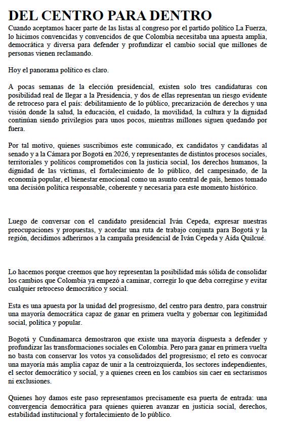 MabelSua's tweet photo. Como firmantes del comunicado “Del Centro para Dentro”, quiero ratificar mi decisión:  Me sumo plenamente a la campaña presidencial de Iván Cepeda y Aída Quilcué para garantizar ganar en primera vuelta.  Fui candidata a la Cámara por la lista de Nuestra Fuerza porque creo en una apuesta amplia y democrática. Hace unos días renunciamos colectivamente a esa lista y hoy reafirmamos: la responsabilidad histórica es unir al progresismo, defender los cambios y evitar cualquier retroceso.  Del Centro para dentro. Bogotá 2026 #CentroParaDentro #CepedaQuilcué #enprimeraconcepeda