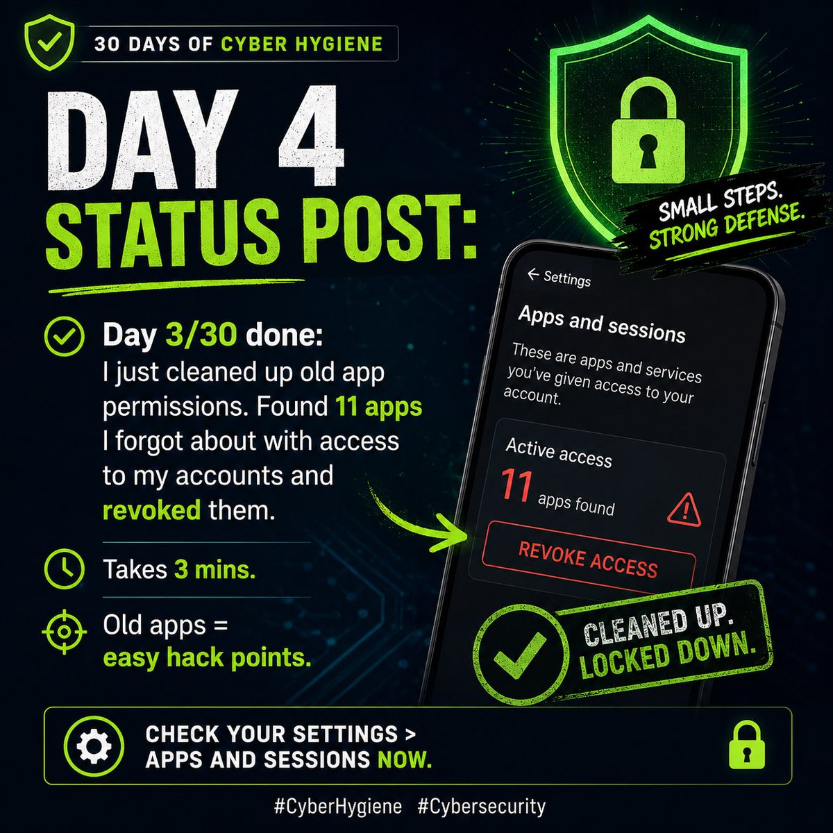lorenceisaac's tweet photo. Day 4: Quick cyber hygiene check.

Just removed 11 forgotten apps that still had access to my accounts.
Took less than 3 minutes.

Most people never review old app permissions… until something goes wrong.

Go to Settings > Apps &amp; Sessions and clean yours up today.

#cybersafety https://t.co/OelFh8vVOY
