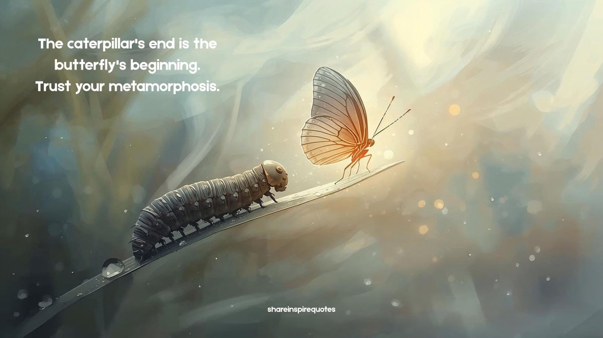 QuotesShare's tweet photo. The caterpillar's end is the butterfly's beginning. Trust your metamorphosis.

#TrustYourJourney #Metamorphosis #ButterflyEffect #PersonalTransformation #GrowthMindset #TrustTheProcess #BecomingBetter #Quotes #ShareInspireQuotes https://t.co/ZhxQWiBBsV