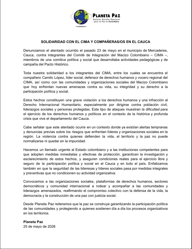 Planeta_Paz's tweet photo. #Comunicado

Denunciamos el atentado ocurrido el pasado 23 de mayo en el municipio de Mercaderes, #Cauca, contra integrantes del @MacizoCIMA, miembros de una comitiva política y social que desarrollaba actividades pedagógicas y de campaña del Pacto Histórico https://t.co/ZXAca6rQqH