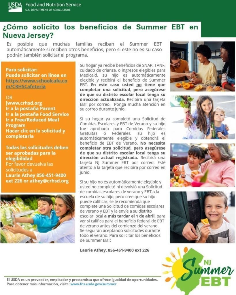 CRHSD's tweet photo. Heads up CRHS families: Need your Summer EBT card? Verify your mailing address with the registrar by May 30 — or update ASAP! Not applied yet? Get an application from Mrs. Athey (Child Study Team) or online: https://t.co/gB7V634Nej #crhscoltnation https://t.co/AY9Oq8rRad