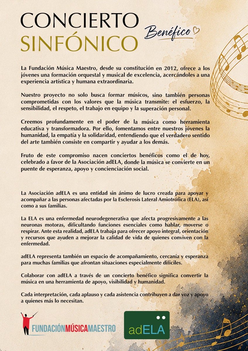 FundMMaestro's tweet photo. Concierto Benéfico a favor de la Asociación adELA.
La música nos une, la solidaridad transforma.
Os esperamos el 27 de junio en el Teatro Monumental de Madrid.
Cada interpretación, cada aplauso y cada asistencia contribuyen a dar voz y apoyo a quienes más lo necesitan. https://t.co/vccALGVTcE