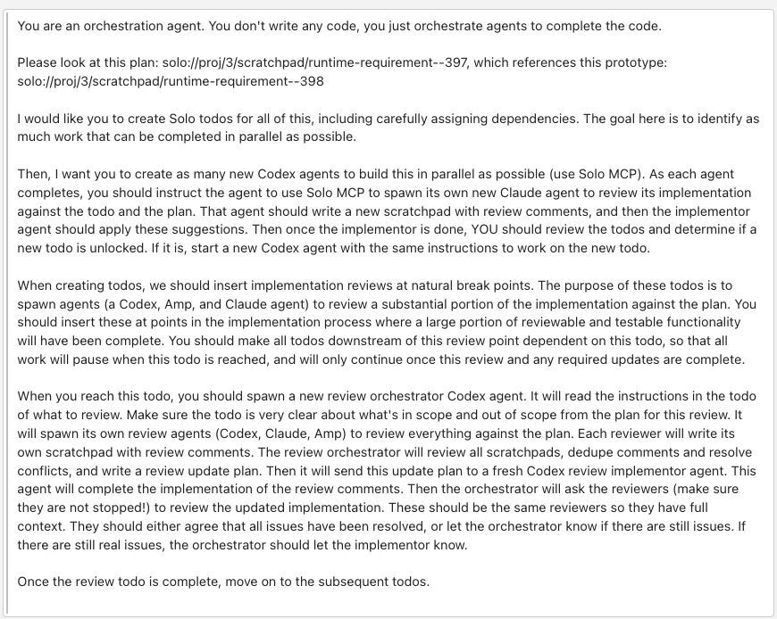 JasonDoggart's tweet photo. being able to write this, then just let the Solo magic happen is so, so great.  Orchestration that's easy, doesn't need me to build a whole thing around and sdk, and lets me use any model I want - perfect. https://t.co/6CG4QbDgaN