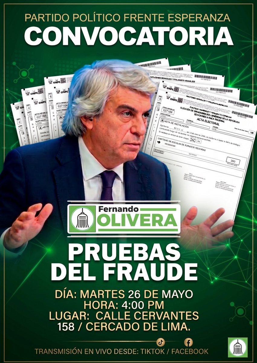 foliverav's tweet photo. CONVOCATORIA - Frente Esperanza
Fernando Olivera presenta pruebas del fraude electoral.
📅 Martes 26 de mayo
⏰ 4:00 PM
📍 Calle Cervantes 158 – Cercado de Lima
📡 En vivo, TikTok y Facebook
#FernandoOlivera #FrenteEsperanza #Perú #FraudeElectoral #PolíticaPeruana #Democracia https://t.co/F6tIAuTrYj