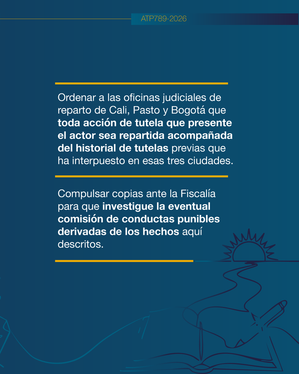 CorteSupremaJ's tweet photo. La Sala de Decisión de Tutelas No. 2 de la @CorteSupremaJ rechazó por temeraria una acción presentada por un ciudadano que ha radicado más de 600 tutelas en el país, 368 de ellas contra la UNP. Advirtió un uso abusivo y sistemático de la acción constitucional y ordenó medidas correctivas para preservar la finalidad del mecanismo de tutela.

Ver la tutela ATP789-2026: https://t.co/o3iCcjWURL
Ver comunicado de prensa:
https://t.co/xEOnvJ0vR4