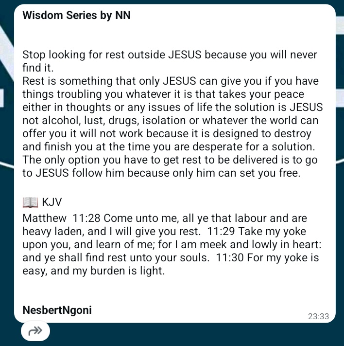 WordLinkbyNN's tweet photo. Only JESUS can give rest
#Wisdomseriesbynn https://t.co/pTBo7cEhg3