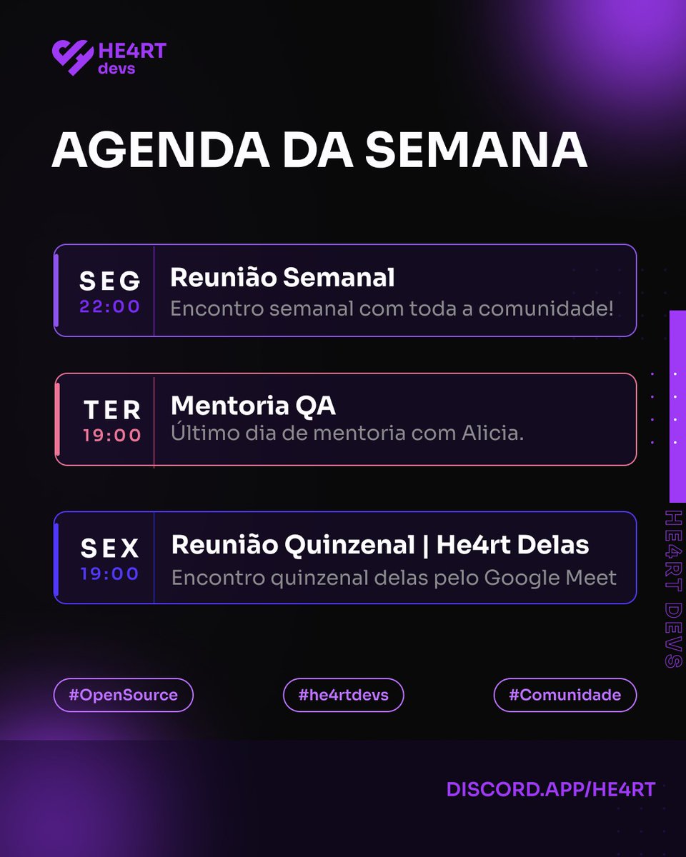 He4rtDevs's tweet photo. A agenda da semana chegou e tá no ar 💜

Tem coisa boa chegando
E uma novidade na Mentoria QA que você não vai querer perder 👀

📅 SEG — Reunião Semanal | 22h 
📅 TER — Mentoria QA com Alícia | 19h 
📅 SEX — Reunião He4rt Delas | 22h

Só colar primos |🎙️ https://t.co/Dw3jeA8XFV https://t.co/3LtfHxJOHP