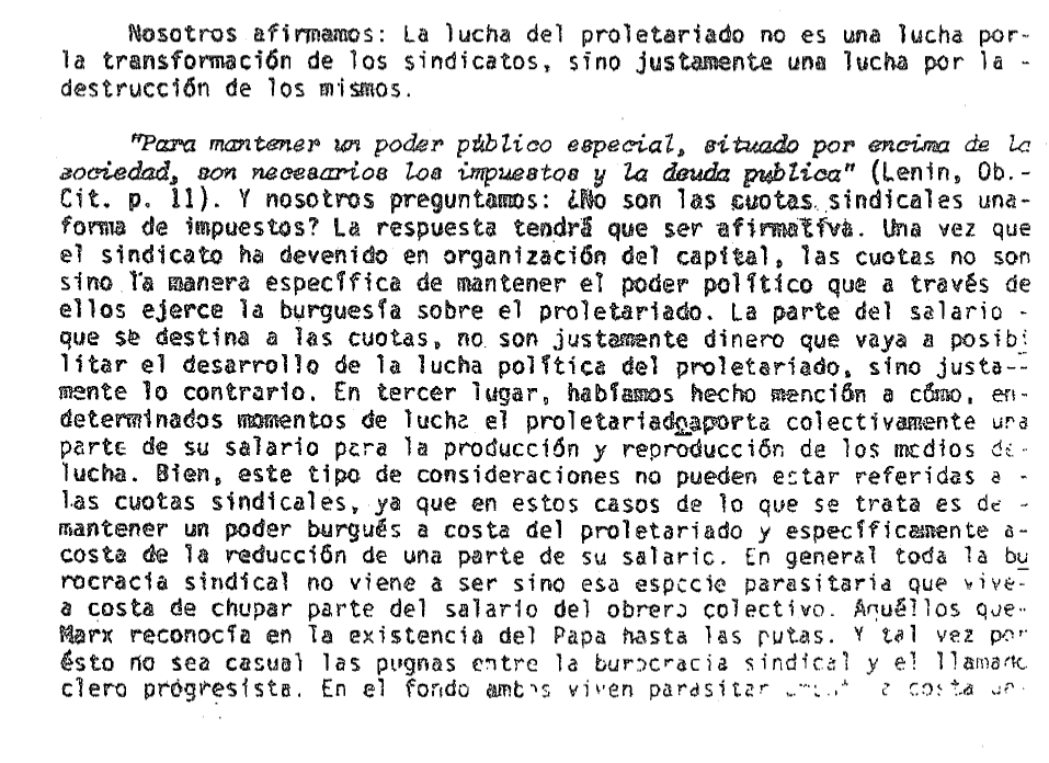 christianrg01's tweet photo. La postura de la LC23S sobre los sindicatos:

"La lucha del proletariado no es una lucha por la transformación de los  sindicatos, sino justamente una lucha por la destrucción de los mismos." https://t.co/xrrO1MLIWC