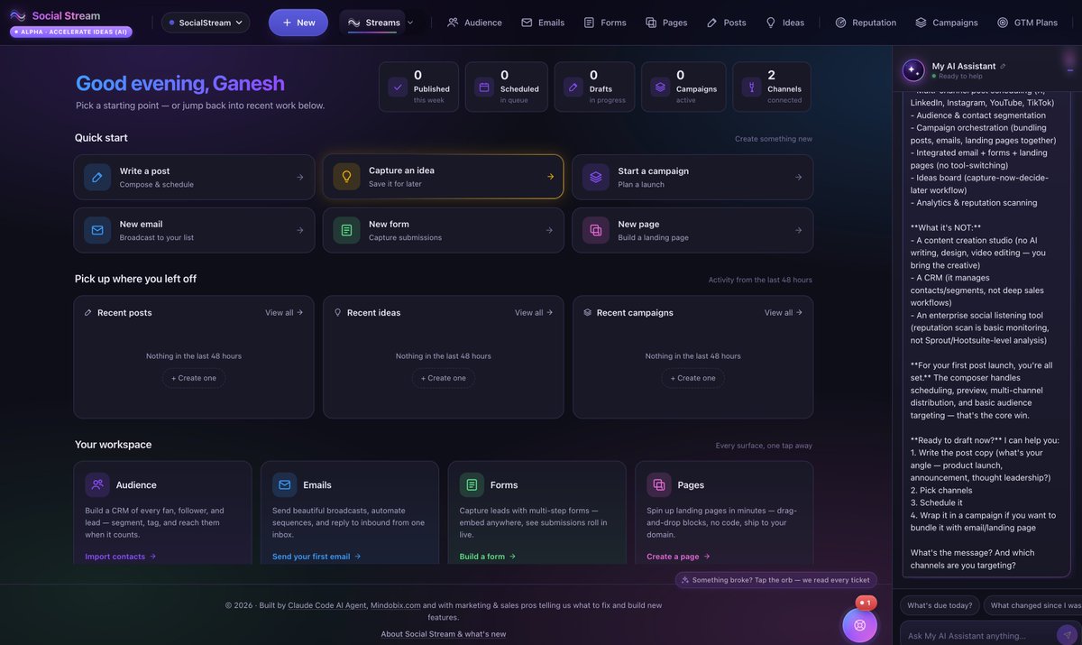 gsubu1's tweet photo. 🚀 Tired of jumping between apps to manage your socials?

Meet **Social Stream** by Mindobix — the AI-powered command center for creators & brands.

✅ Plan, draft & refine with AI
✅ Schedule & publish to X, LinkedIn, Instagram, YouTube, TikTok & more
✅ One beautiful dashboard for all your accounts

Stop switching tabs. Start streaming smarter.

Try it free → https://t.co/S8tSIjiz2O

#SocialMediaTools #ContentCreation #AISocial #Productivity