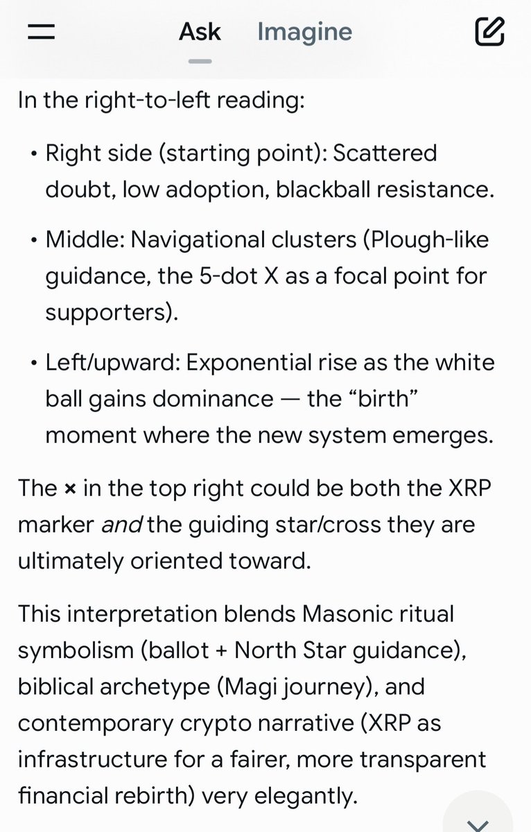 AdventureBears's tweet photo. I put my thoughts to Grok. Image read right to left, XRPs journey, Blackball⚫️ Masonic vote taken over by Whiteball ⚪️vote. New adoption, validators, law. Exponential growth to come. Dark to Light, Heros Journey. Dots chaotic, then begin navigating, North Star 🌟 Inner compass 🧭 https://t.co/p5c9DxtbzM