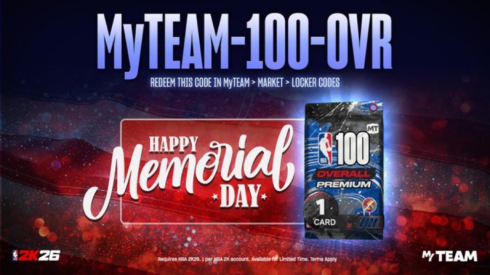 nba2kmtp's tweet photo. πΊπΈ Celebrate Memorial Day in MyTEAM and bring elite talent to your lineup ππ₯
Redeem Locker Code:
πMyTEAM-100-OVR
Unlock a FREE NBA π― OVR Pack and upgrade your squad π
#NBA2K26 #MyTEAM #LockerCode https://t.co/R0SOjzANUK