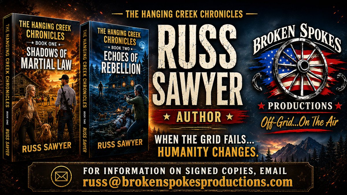 BrokenSpokesPro's tweet photo. What happens when the lights go out… and they don’t come back on?
That’s the question behind The Hanging Creek Chronicles — my survival thriller series built around family, resilience, resistance, and the kind of hard decisions ordinary people are forced to make when the world falls apart.
📷 Shadows of Martial Law
📷 Echoes of Rebellion
If you enjoy realistic post-apocalyptic fiction, preparedness themes, rural survival, and stories that feel just a little too believable… these books were written for you.
This series is grounded in realism, not fantasy — focused on community, survival, and what people are truly capable of when systems fail.
I appreciate all the support from readers, listeners, and the preparedness community. More is coming soon through Broken Spokes Productions.
📷 Off-Grid…On The Air 📷
📷 For signed copies:
russ@brokenspokesproductions.com
📷 Follow Broken Spokes Productions:
Facebook: Broken Spokes Productions
Instagram: @BrokenSpokesProductions
X: @BrokenPpokesPro
#RussSawyer #TheHangingCreekChronicles #ShadowsOfMartialLaw #EchoesOfRebellion #PrepperFiction #SurvivalFiction #PostApocalyptic #GridDown #Preparedness #TacticalFiction #BrokenSpokesProductions #OffGrid #SHTF #RuralSurvival #DystopianBooks #IndieAuthor #AuthorCommunity #Bookstagram #BookTok #AmericanFiction #ThrillerBooks #PodcastLife #PrepperCommunity #MartialLaw #Survivalist